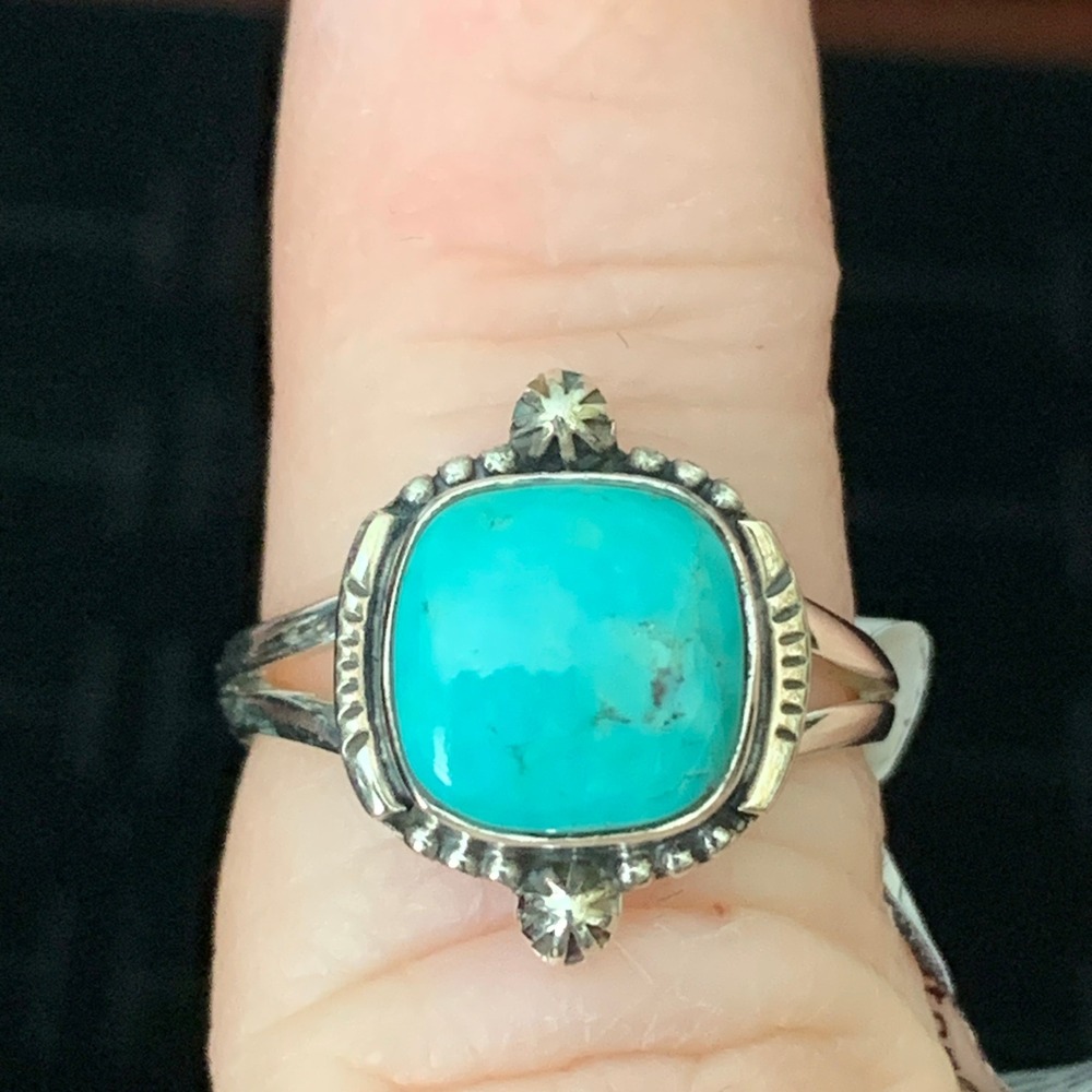 925 Sterling Silver Mohave Turquoise Ring Size 7 Square Southwestern